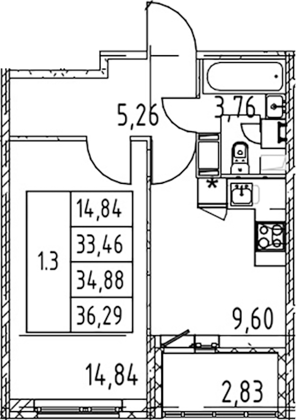 1-комнатная квартира 33.46 м², 3/12 эт., ЖК «Полис ЛАВрики»